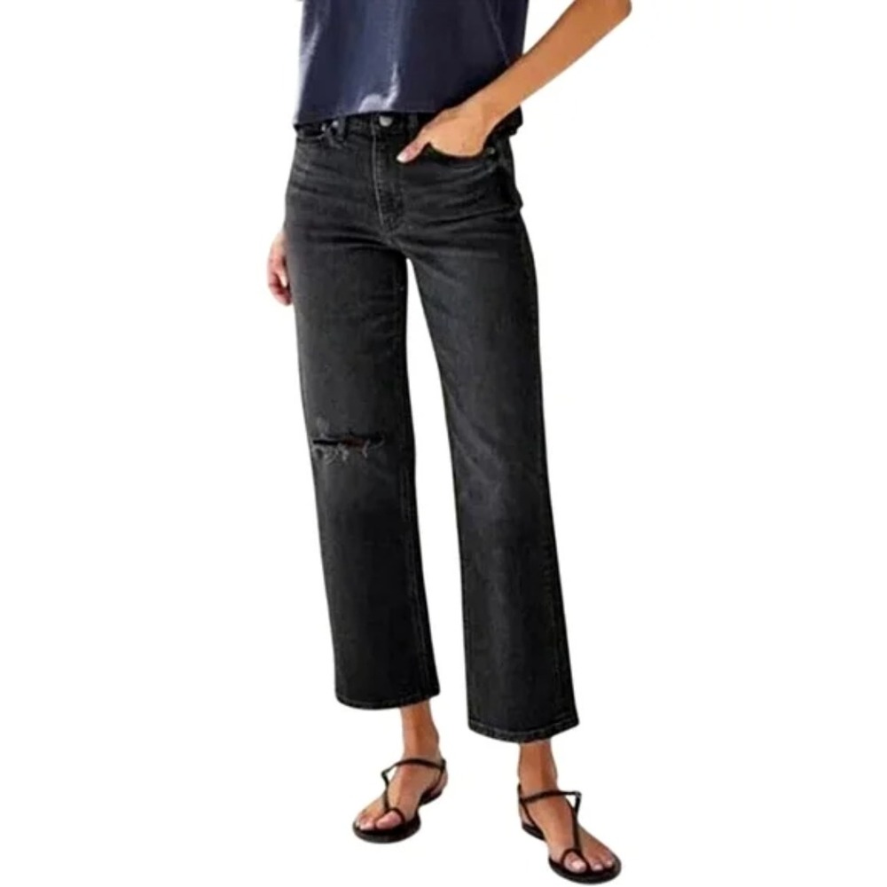 AYR The Easy Easy Jeans Women 27 Black Distressed Straight Leg High Rise Denim